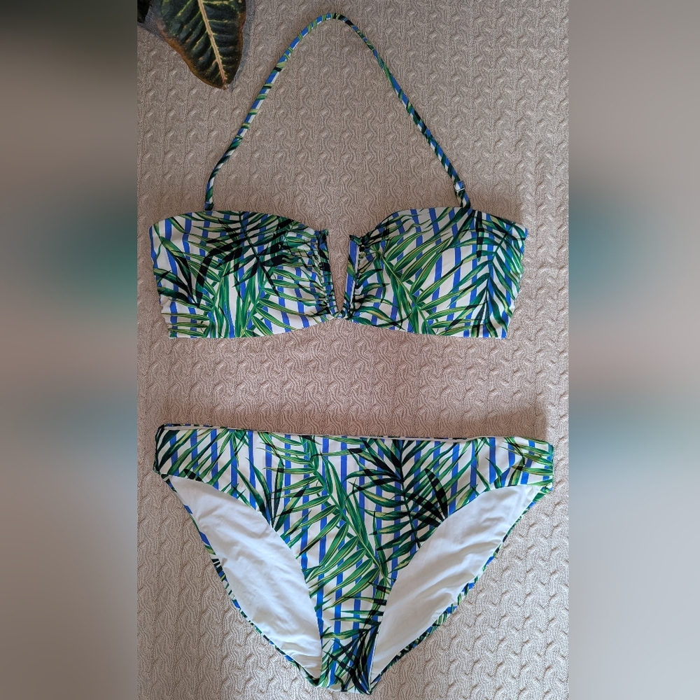 Red Carter Tropical Palm Leaf Bikini L White Green Blue 💙 Flaw
